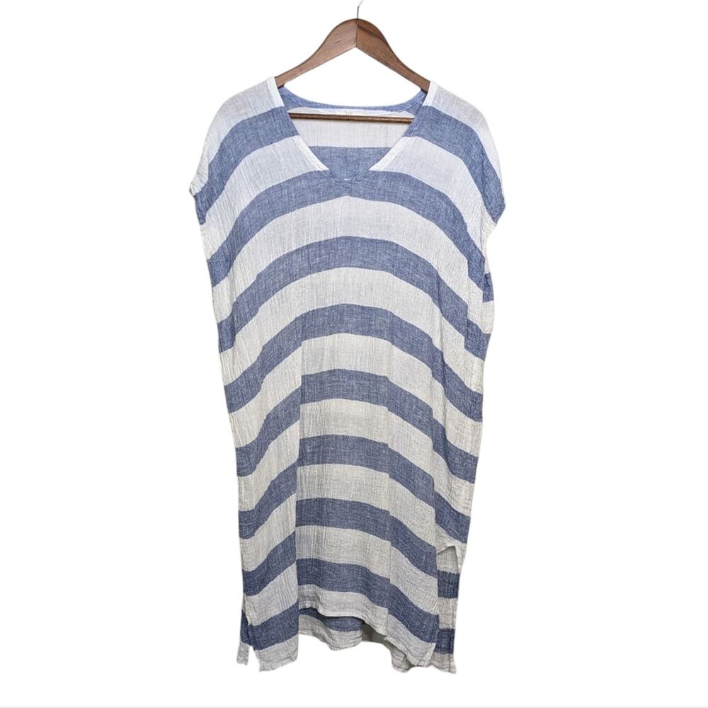 Eileen Fisher Chambray Stripe Linen Crinkle Gauze Tunic Dress Small Medium Blue